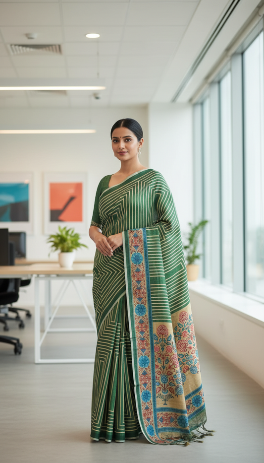 Green Semi Tussar Saree