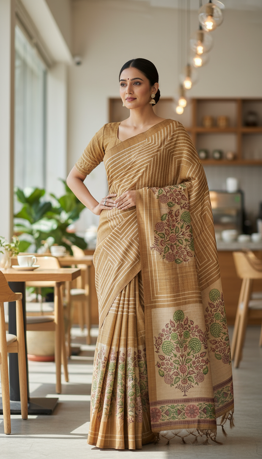 Golden Brown Semi Tussar Saree 