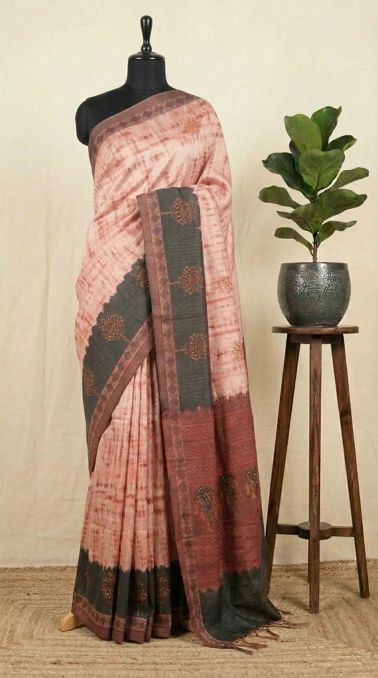 Peach Semi Tussar Saree