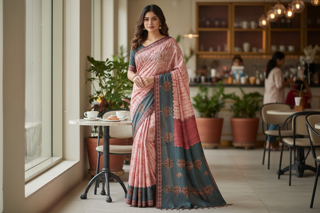 Peach Semi Tussar Saree 
