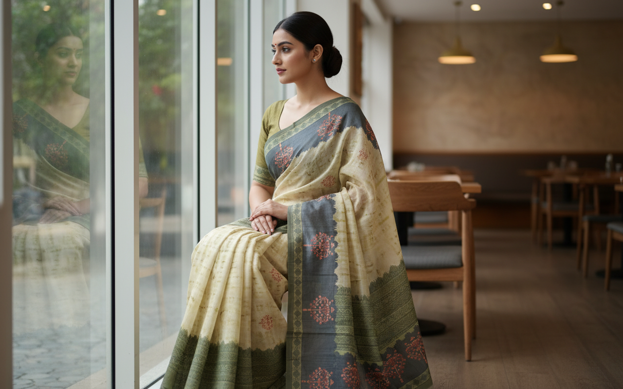 Pista Green Semi Tussar Saree 