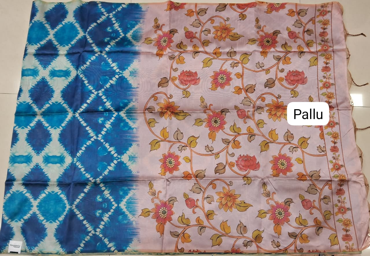 Blue and White Semi Tussar Saree Pallu