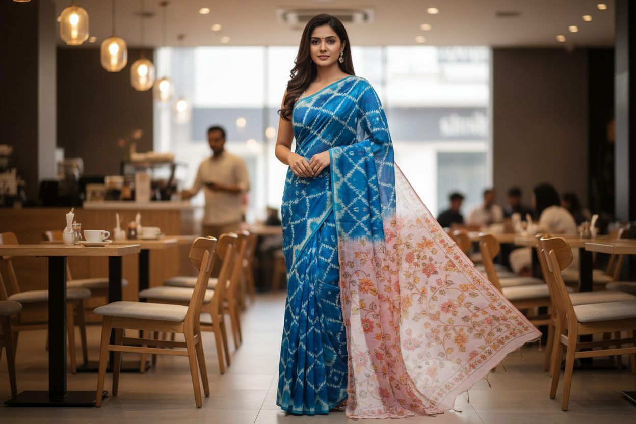 Blue and White Semi Tussar Saree