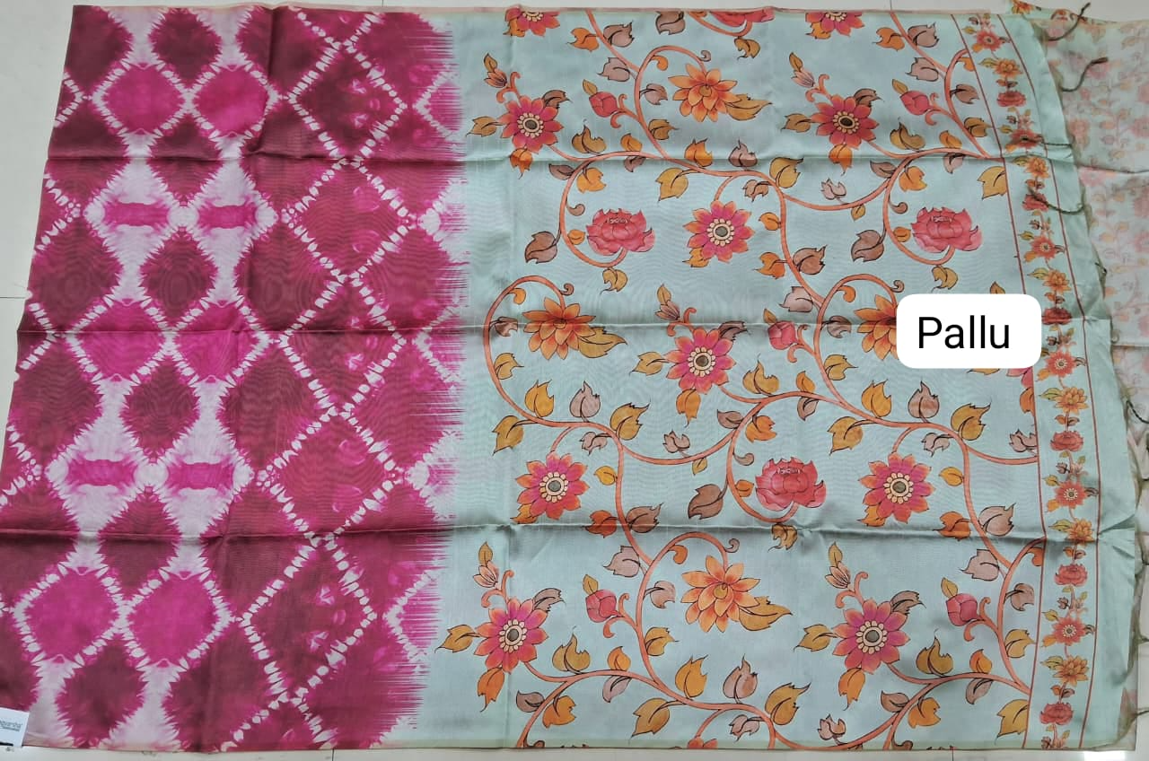 Pink and White Semi Tussar Saree Pallu