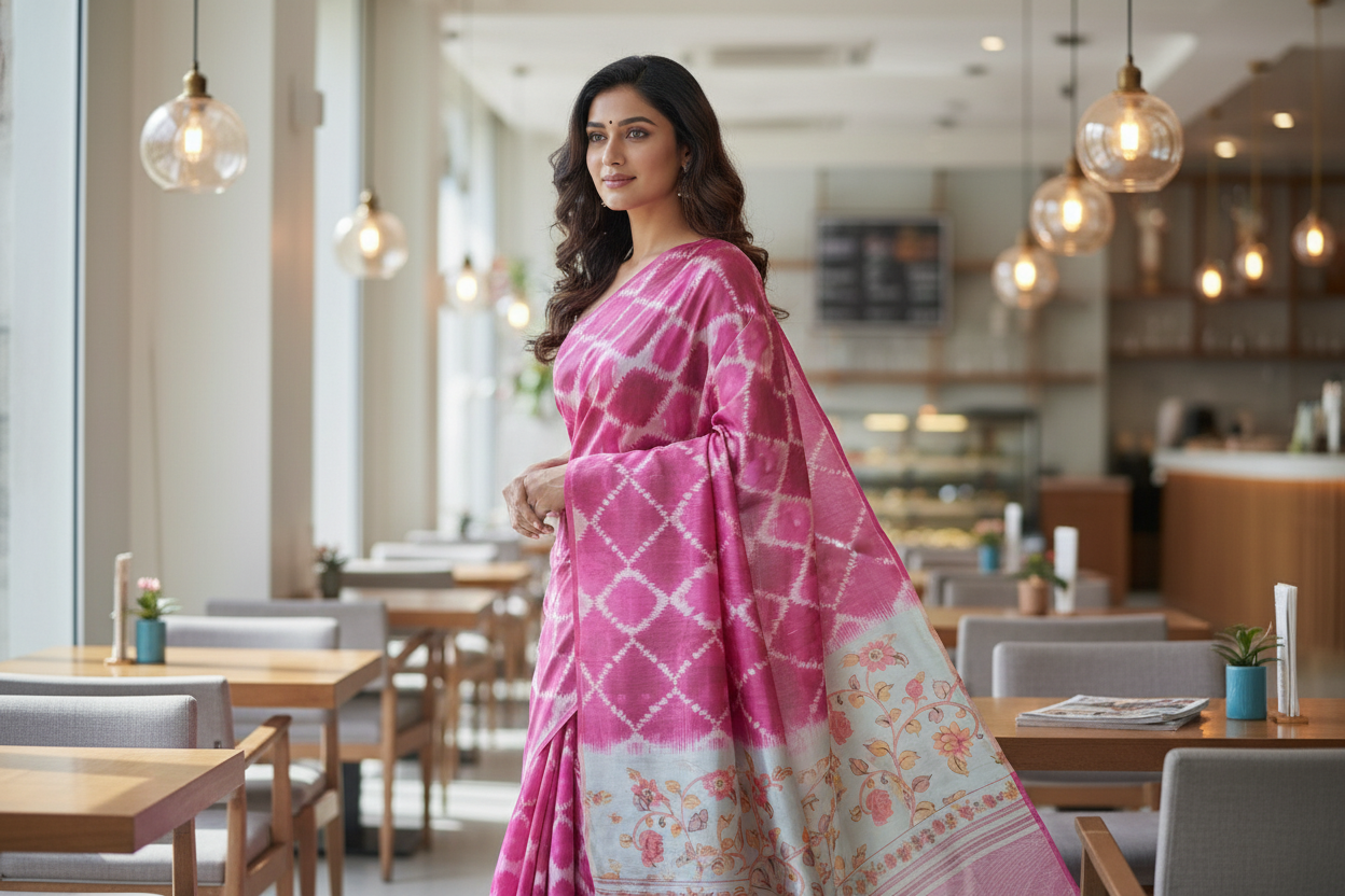 Pink and White Semi Tussar Saree