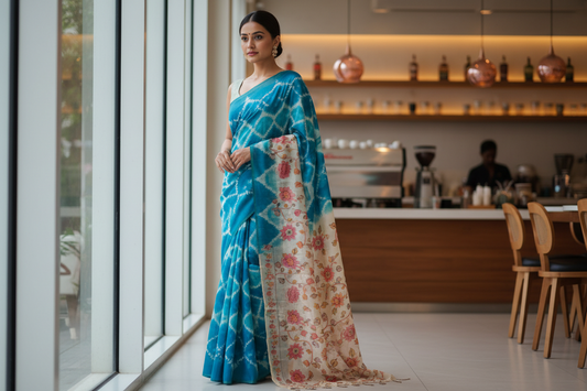 Ocean Blue and White Semi Tussar Saree 
