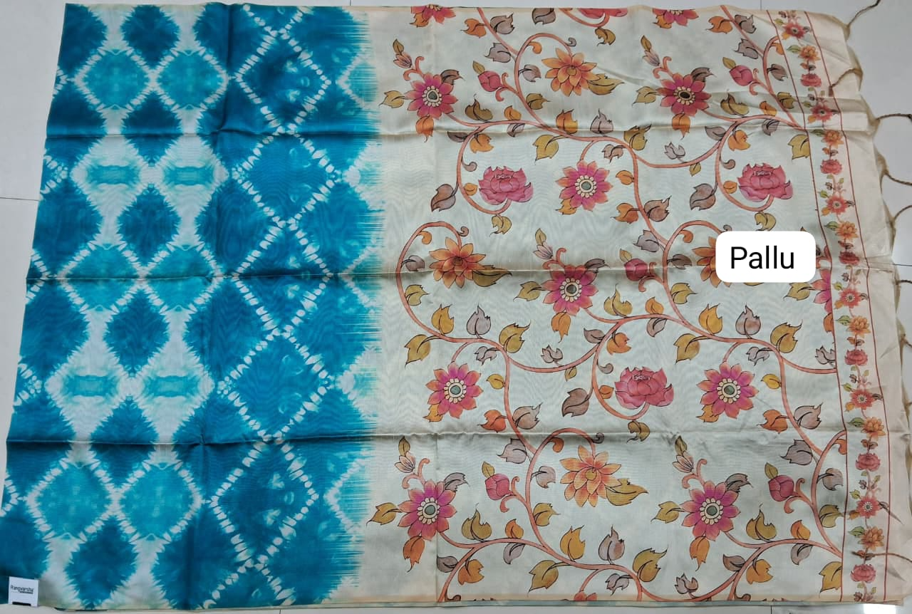 Ocean Blue and White Semi Tussar Saree Pallu