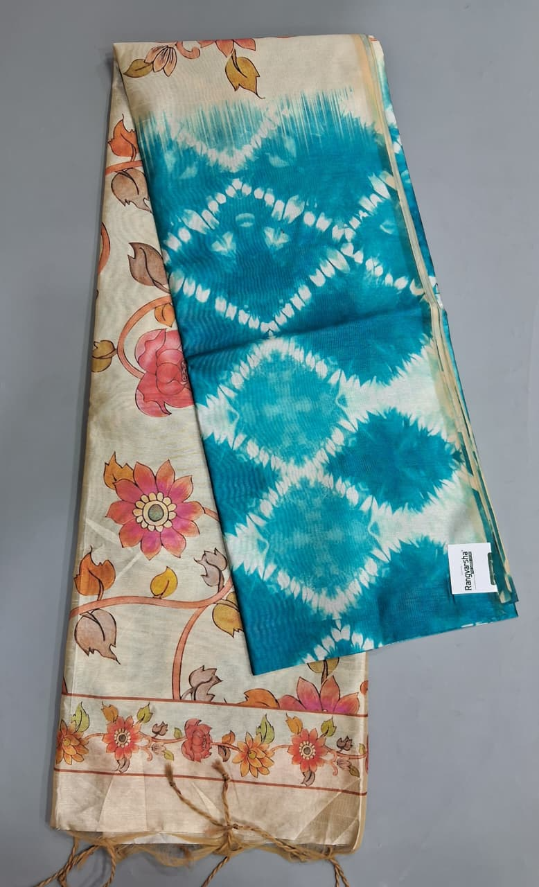 Ocean Blue and White Semi Tussar Saree 