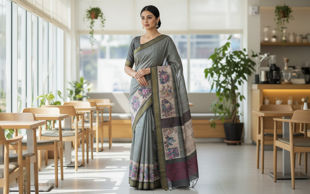 Elephant Grey Tussar Saree