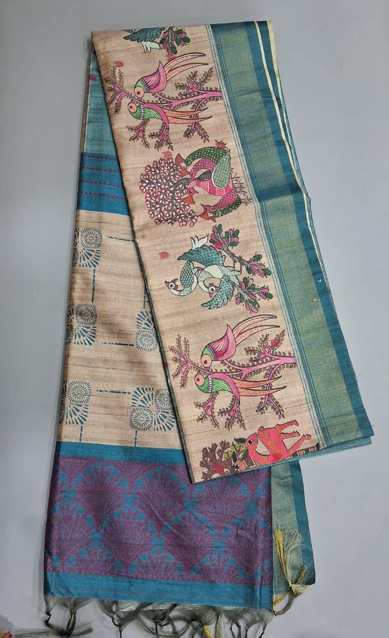 Aqua Blue Tussar Saree