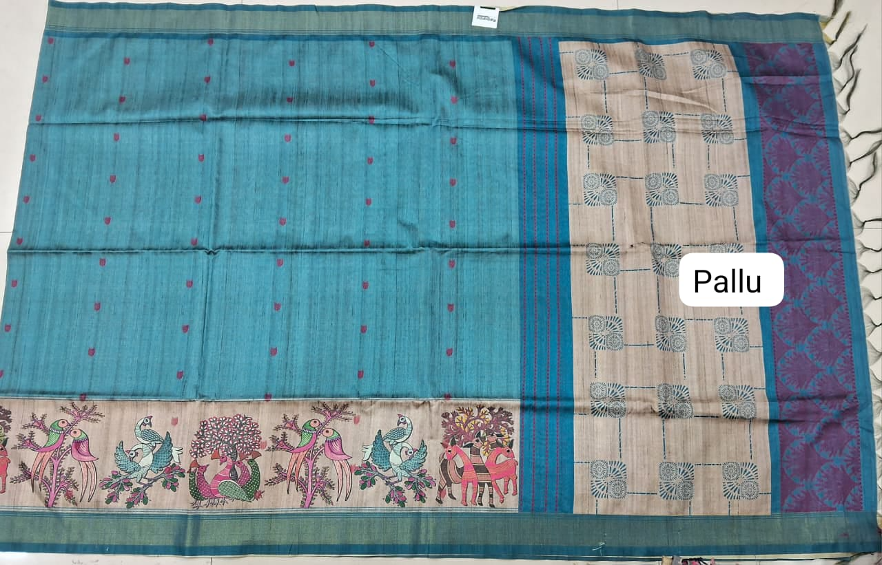 Aqua Blue Tussar Saree Pallu