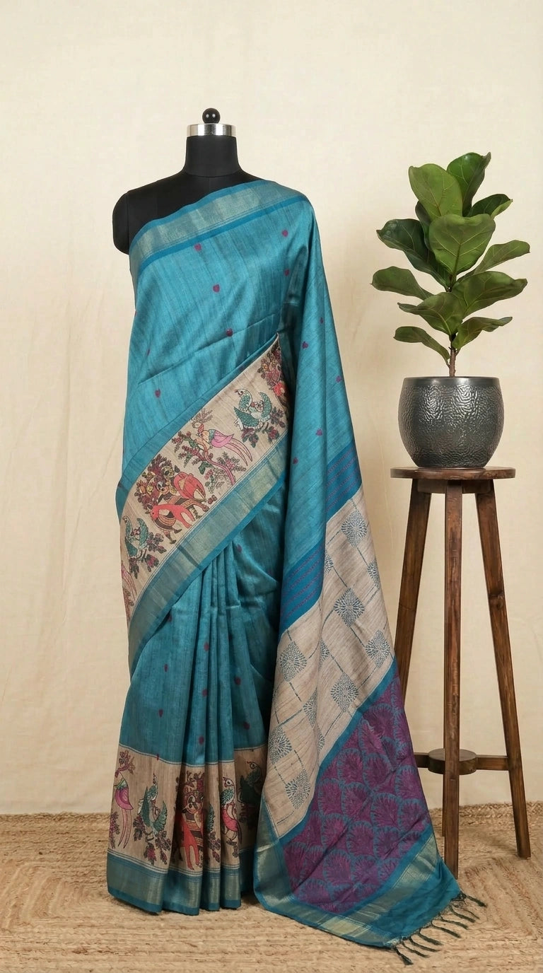 Premium Aqua Blue Tussar Saree