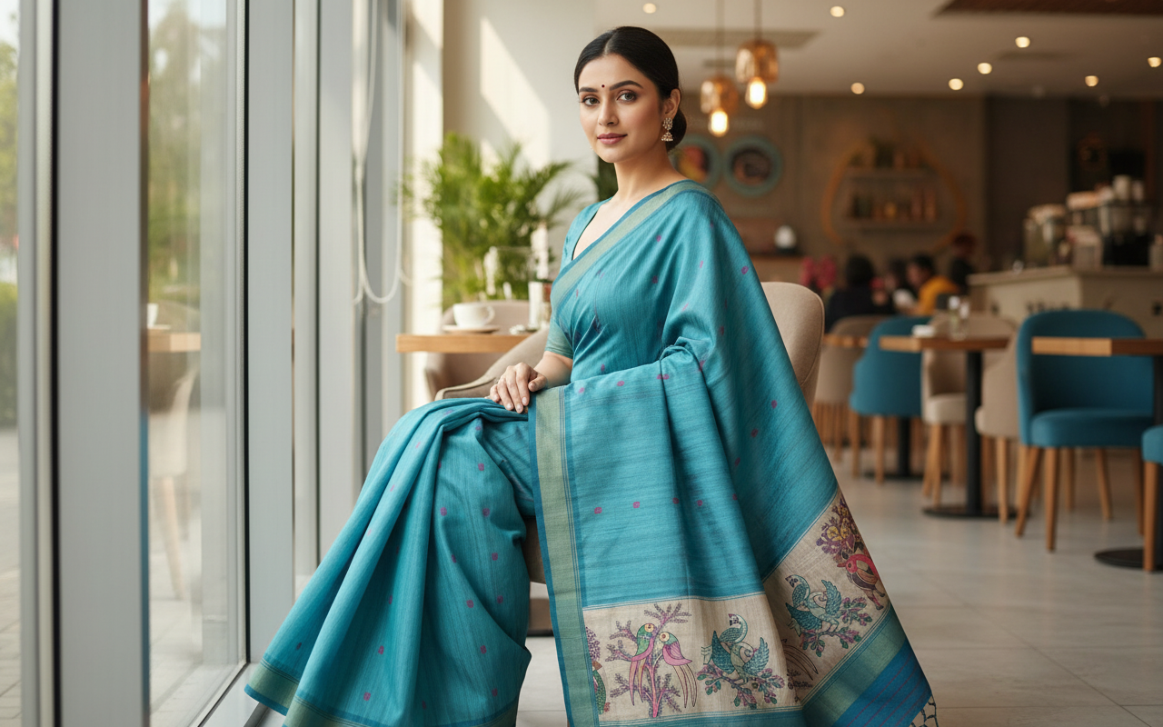 Aqua Blue Tussar Saree 