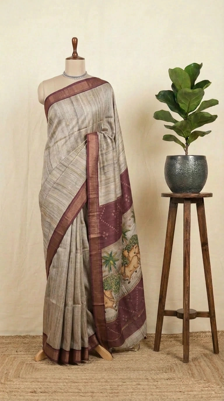 Handwoven Beige Semi Tussar Saree