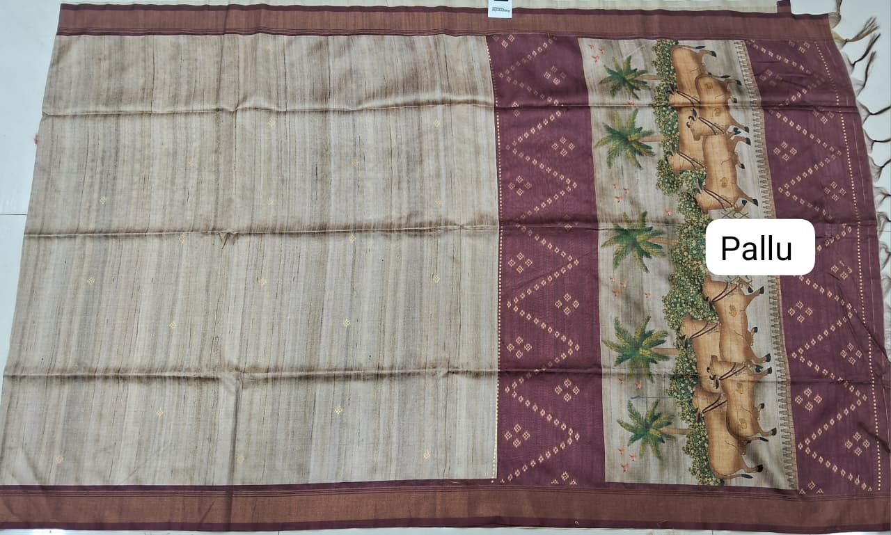 Beige Tussar Saree Pallu