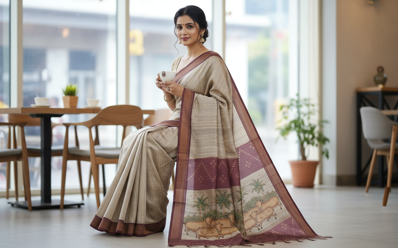 Beige Tussar Saree 