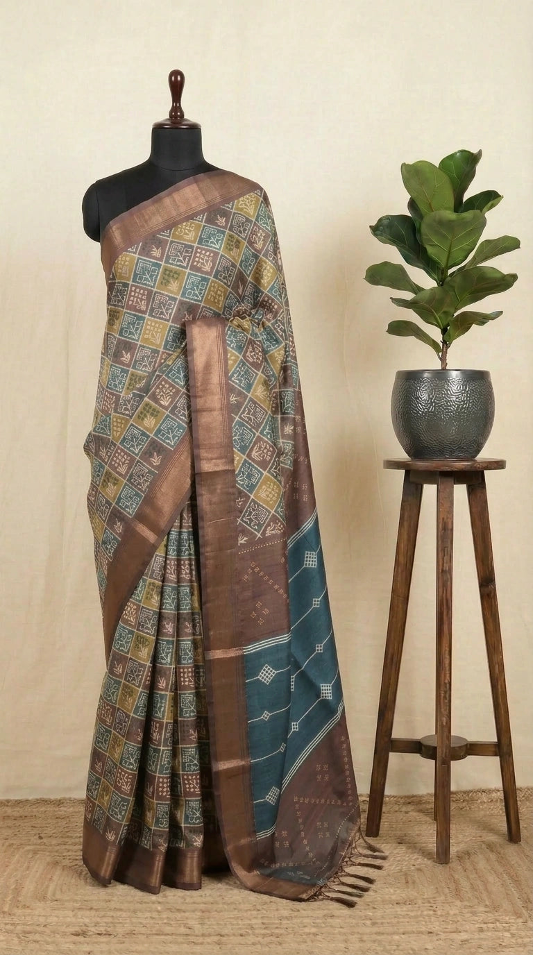 Chocolate Brown Tussar saree