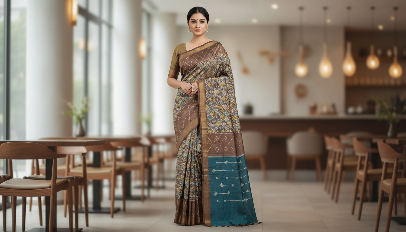 Chocolate Brown Tussar saree