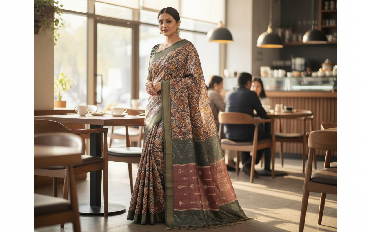 Bottle Green Tussar Saree 