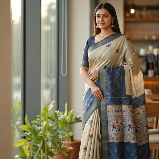 Beige Semi Tussar Saree