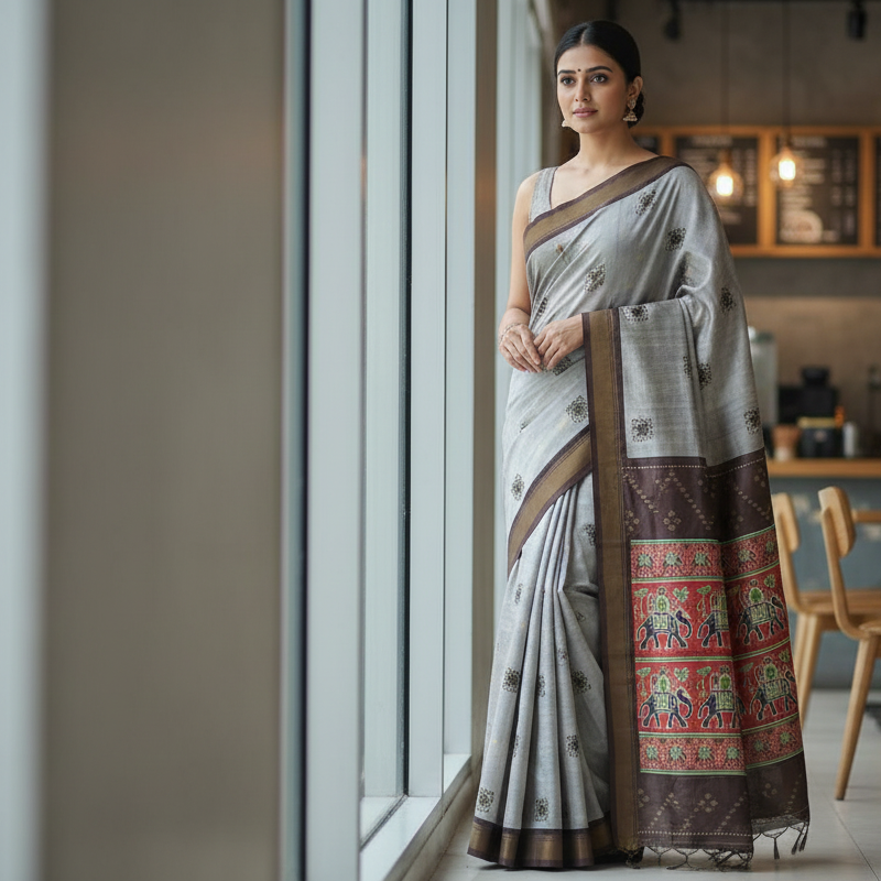 Pale Grey Semi Tussar Saree