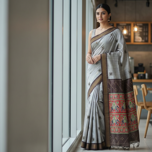 Pale Grey Semi Tussar Saree