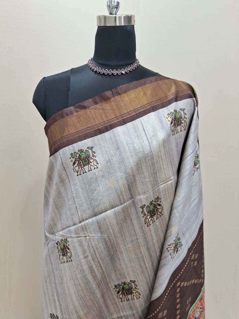 Pale Grey Semi Tussar Saree