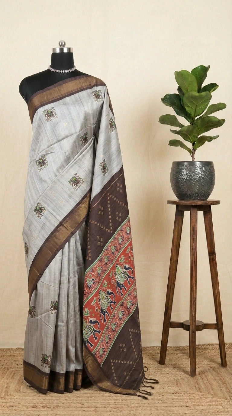 Pale Grey Semi Tussar Saree