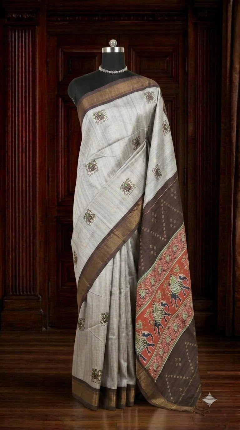 Pale Grey Semi Tussar Saree