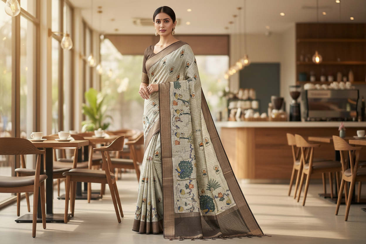 Beige checked Semi Tussar Saree