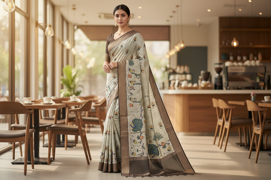 Beige checked Semi Tussar Saree