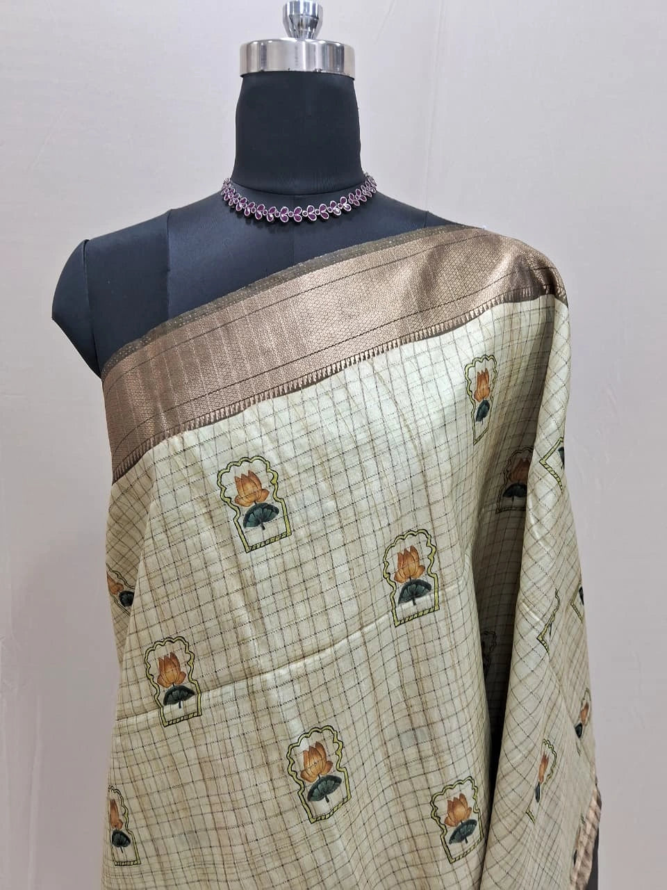Beige checked Semi Tussar Saree 