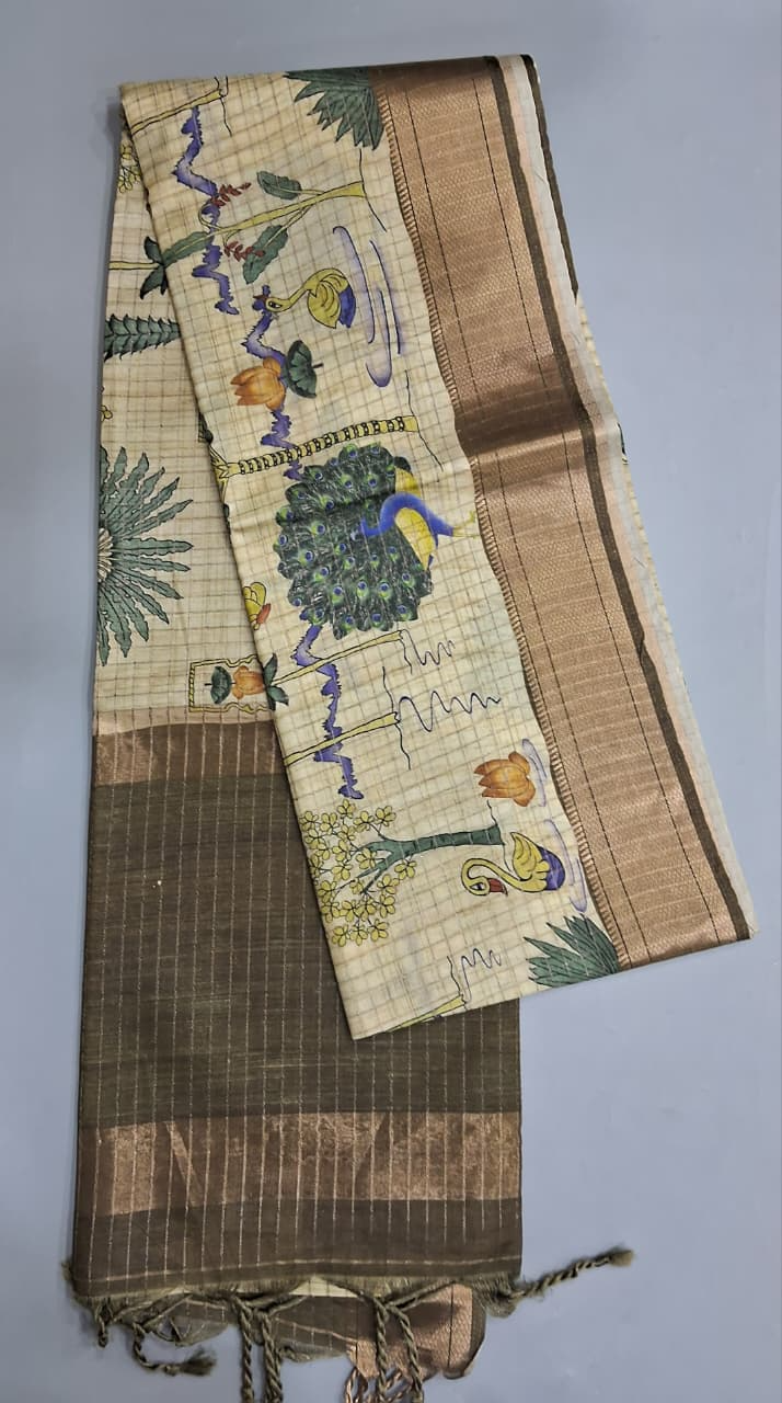 Beige checked Semi Tussar Saree