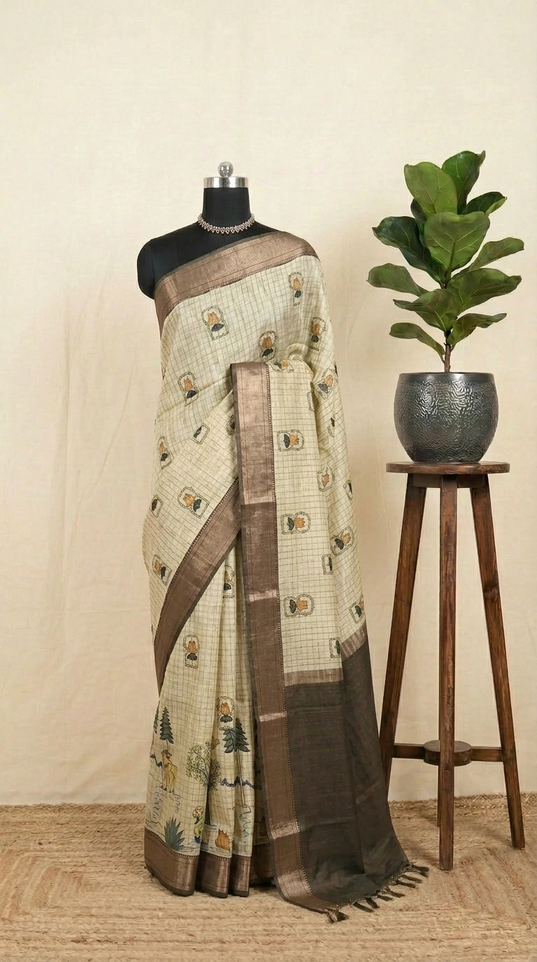 Beige checked Semi Tussar Saree