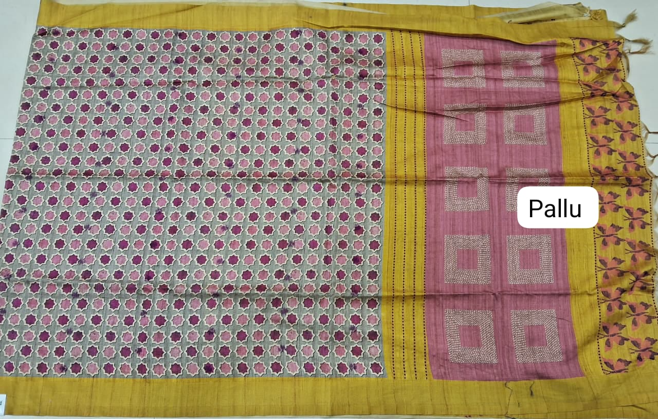 Dark Grey Printed Tussar Saree pallu