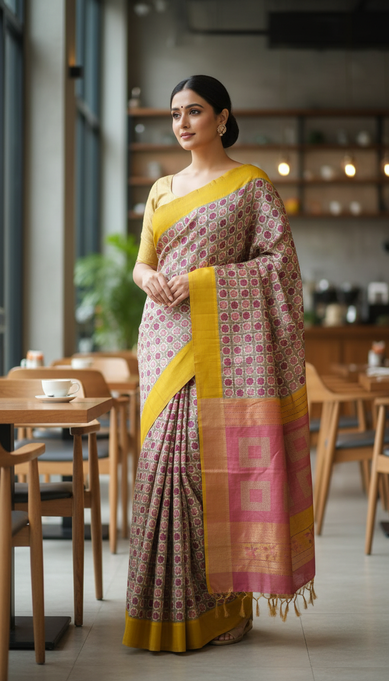 Dark Grey Printed Tussar Saree