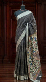 Dark Brown Printed Tussar Saree