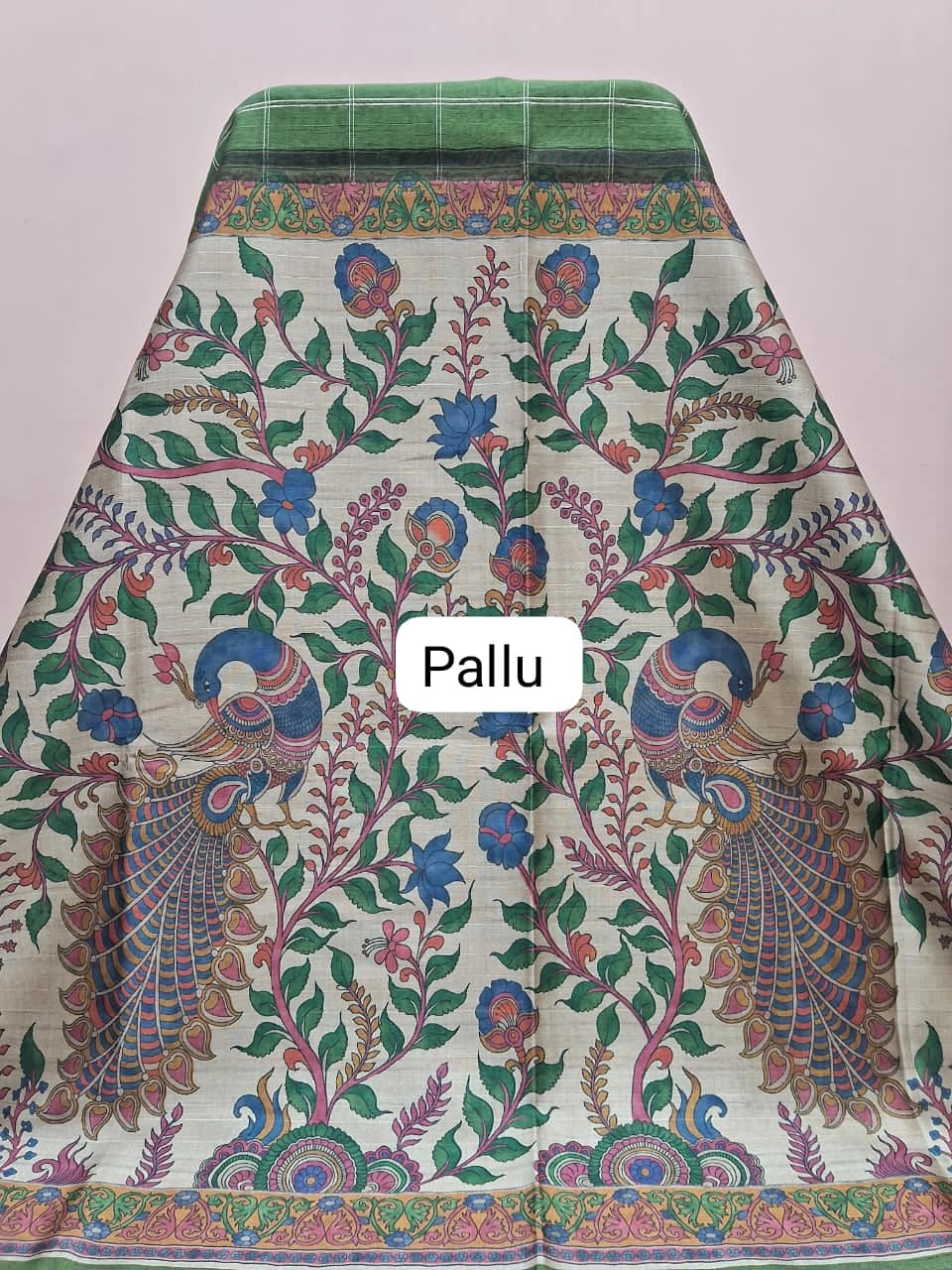 Green Printed Tussar Saree Pallu