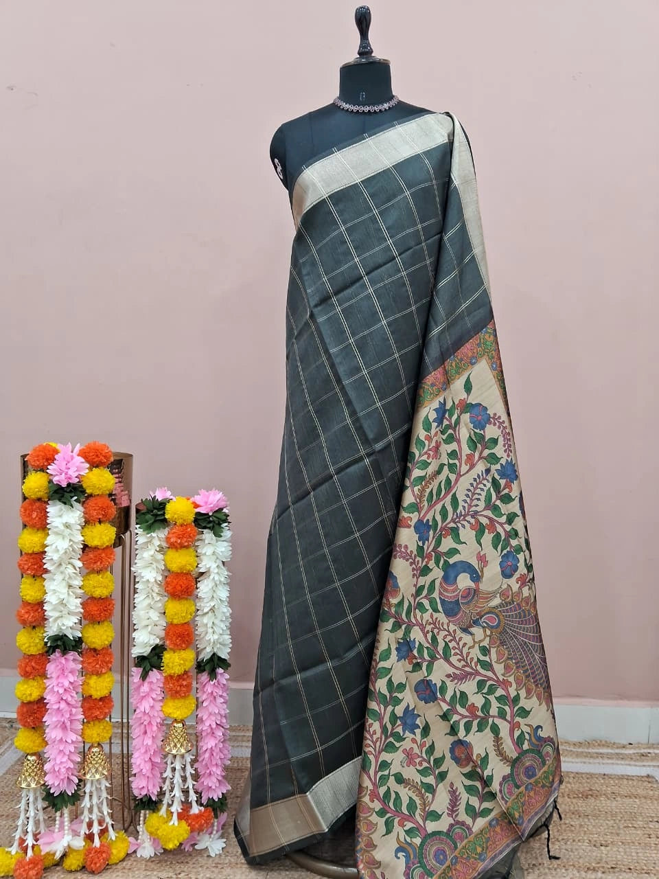 Black Printed Tussar Saree