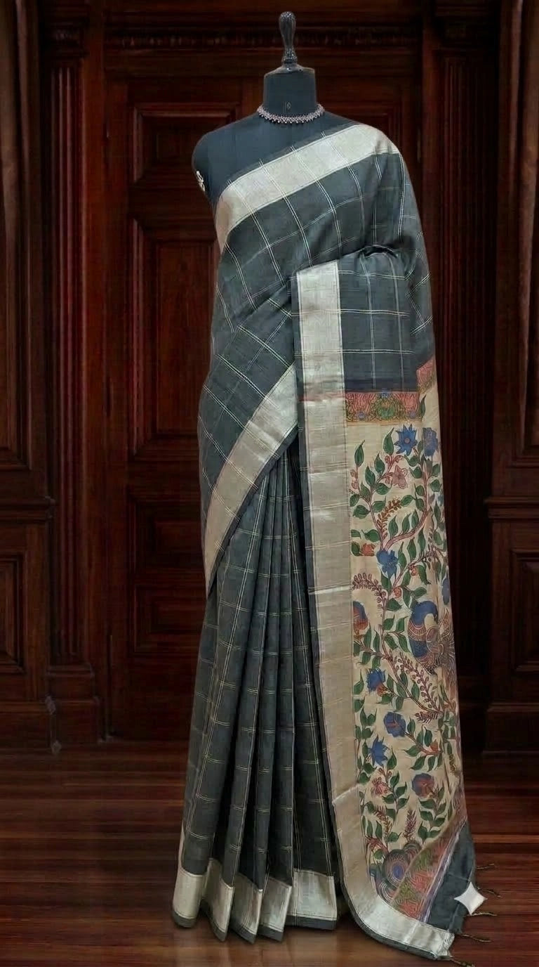 Black Printed Tussar Saree