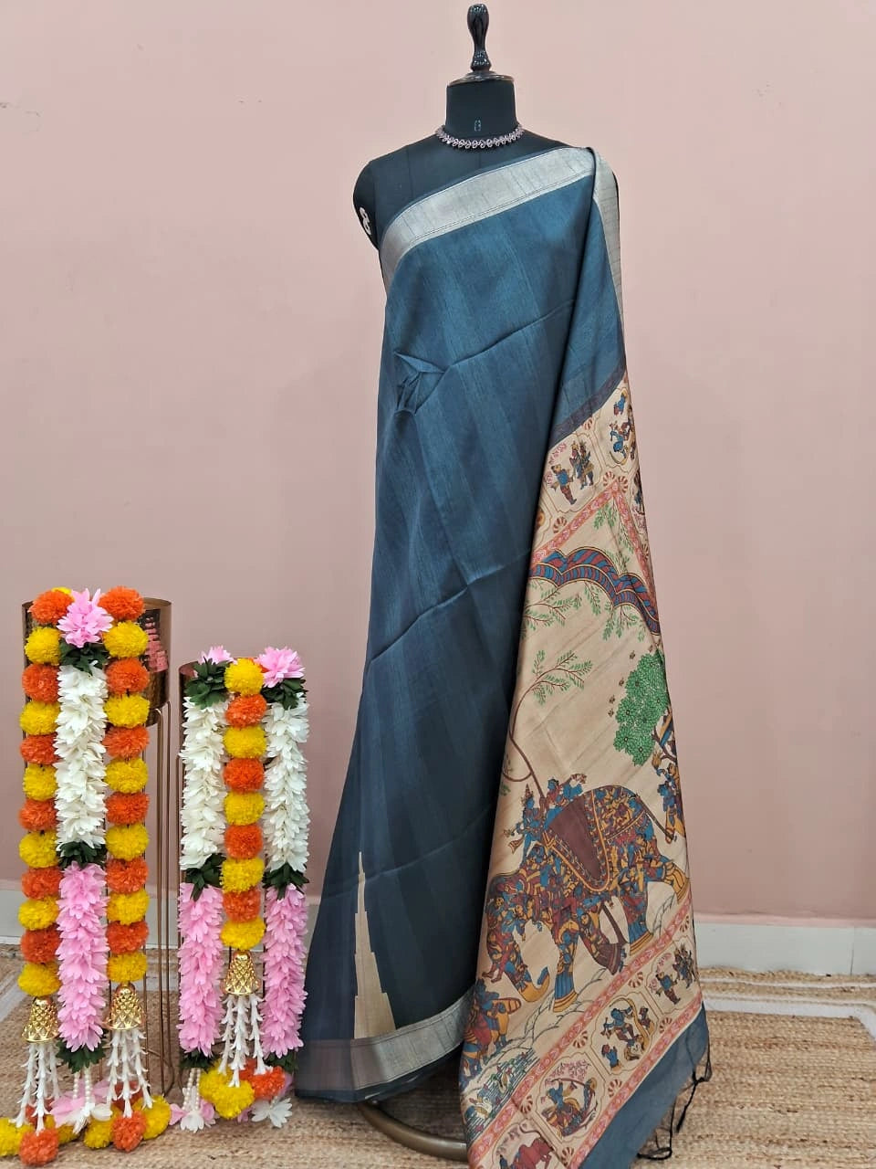 Smoky Blue Plain Printed Tussar Saree