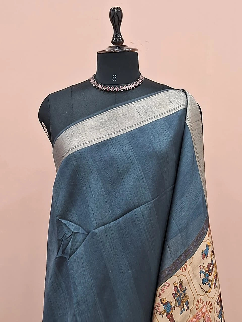 Smoky Blue Plain Printed Tussar Saree 1