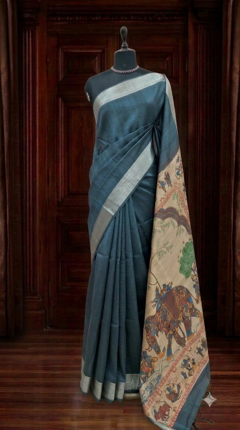 Smoky Blue Plain Printed Tussar Saree
