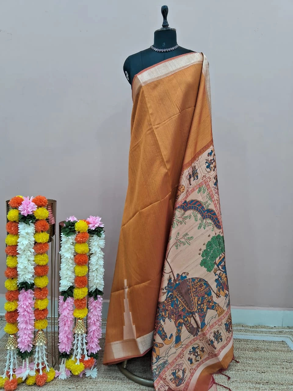 Mustard Yellow Plain Printed Tussar Saree