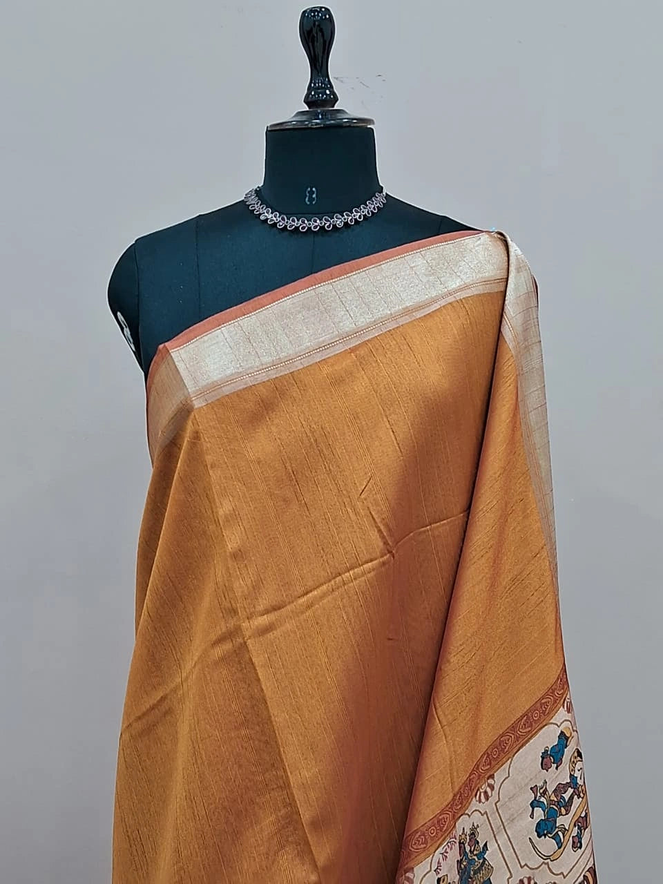 Mustard Yellow Plain Printed Tussar Saree 1