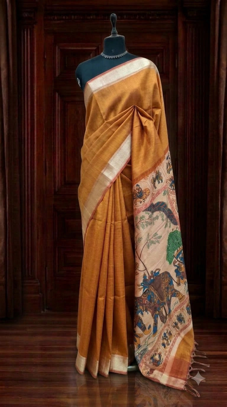 Mustard Yellow Plain Printed Tussar Saree