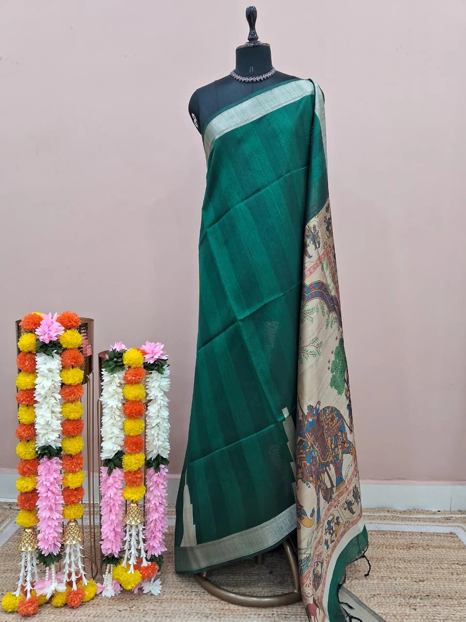 Bottle Green Plain Printed Tussar Saree 