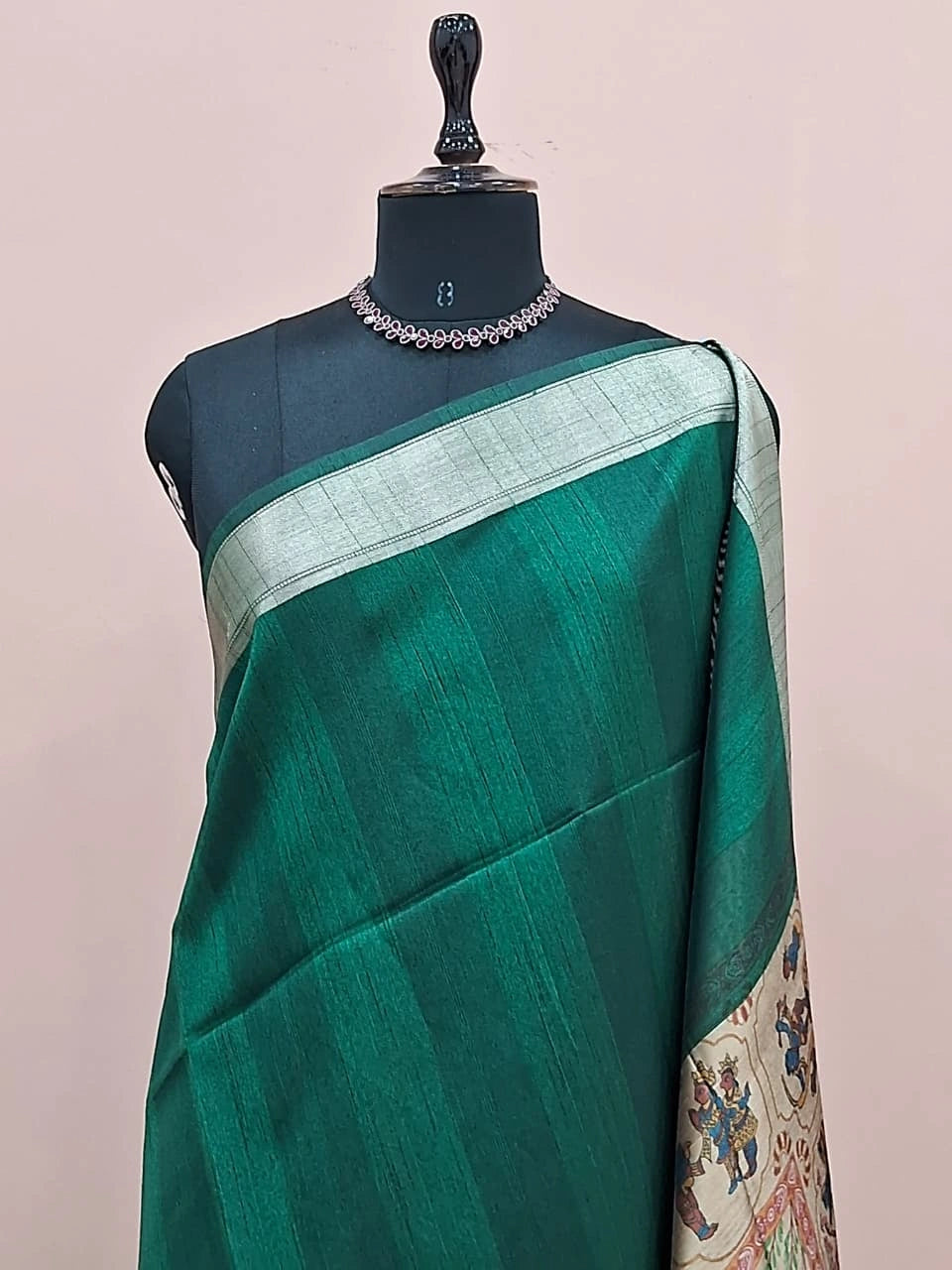 Bottle Green Plain Printed Tussar Saree 1