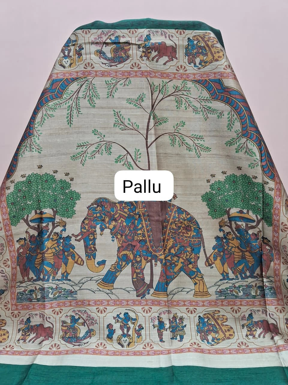 Bottle Green Plain Printed Tussar Saree Pallu