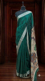 Bottle Green Plain Printed Tussar Saree 